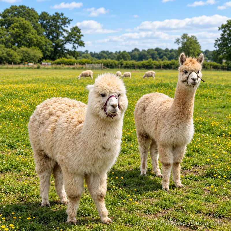 Two alpacas in head collars standing in a buttercup field with sheep behind