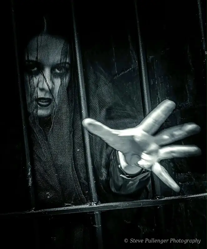 Black and white image of a veiled woman reaching through iron bars towards the camera
