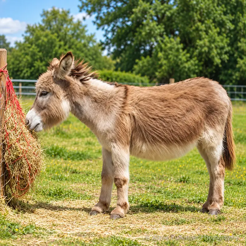 Fluffy brown donkey eating from a hay net tied to a fence post
