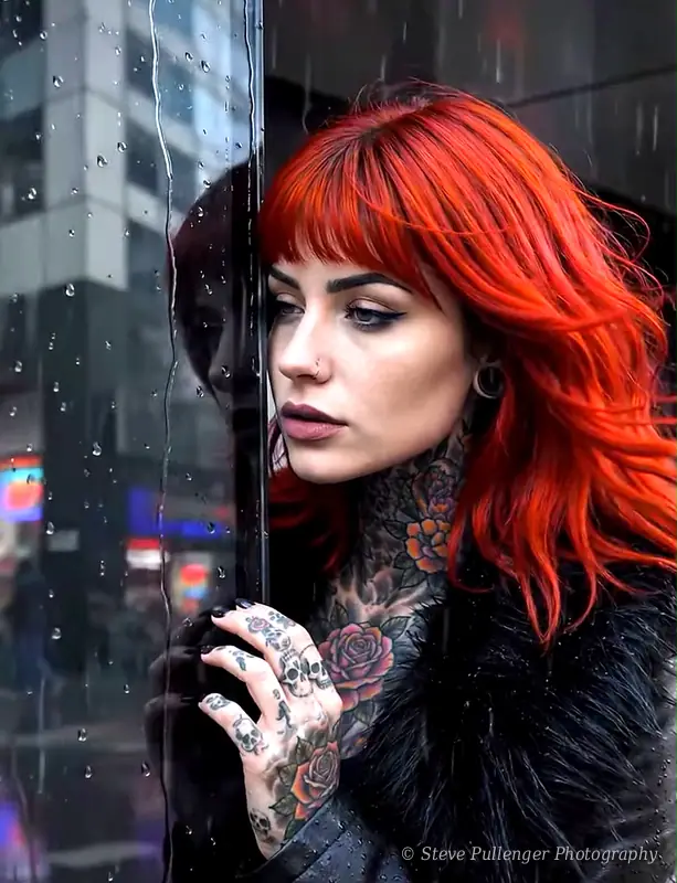 Woman with red hair and tattoos leaning against a rain-covered window in the city